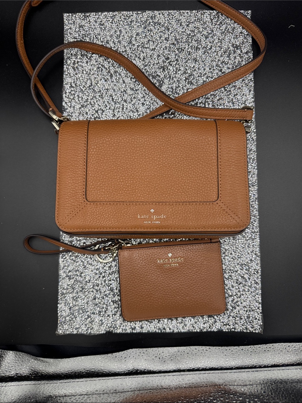 kate spade tan pebble leather crossbody with matching wristlet/wallet for cards